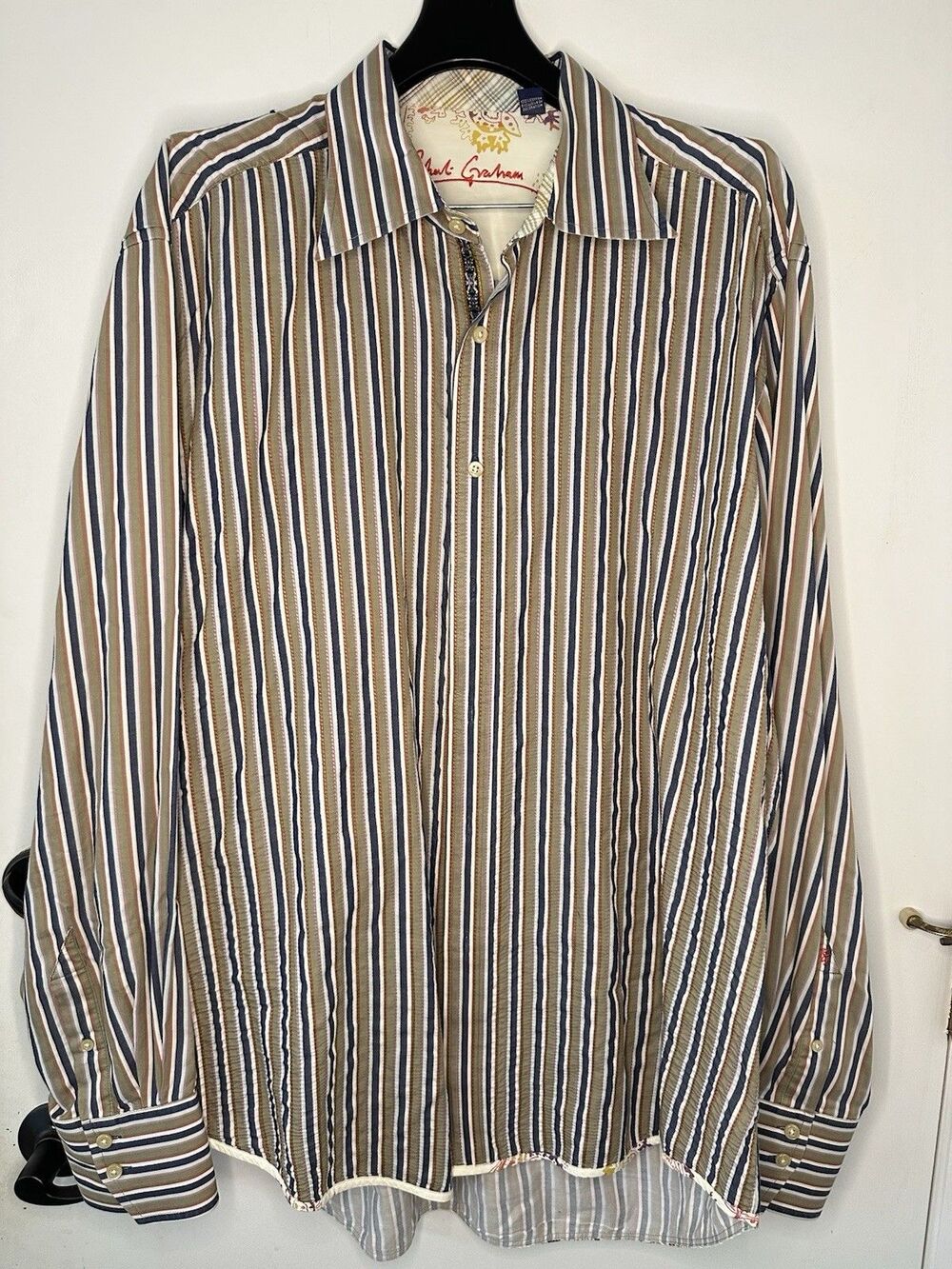 EUC Robert Graham Shirt Navy/Olive Stripe Flip Cuff Classic Preppy Mens 2XL